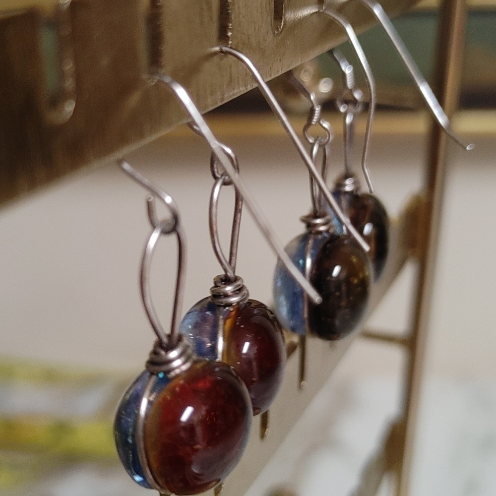 Round Dichroic Glass Sterling Wrapped Earrings - Picture 10 of 16